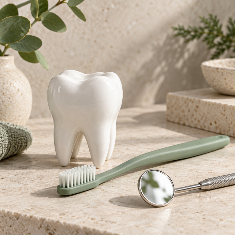 Dent en céramique, brosse à dents et miroir dentaire dans une composition vert sauge et ivoire.